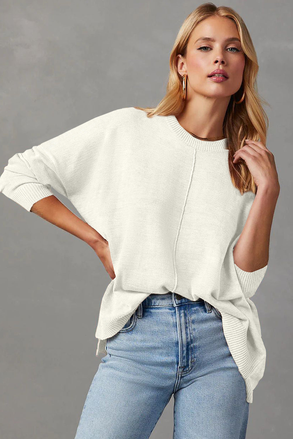 White Front Center Seam Drop Shoulder Pullover Solid Sweater