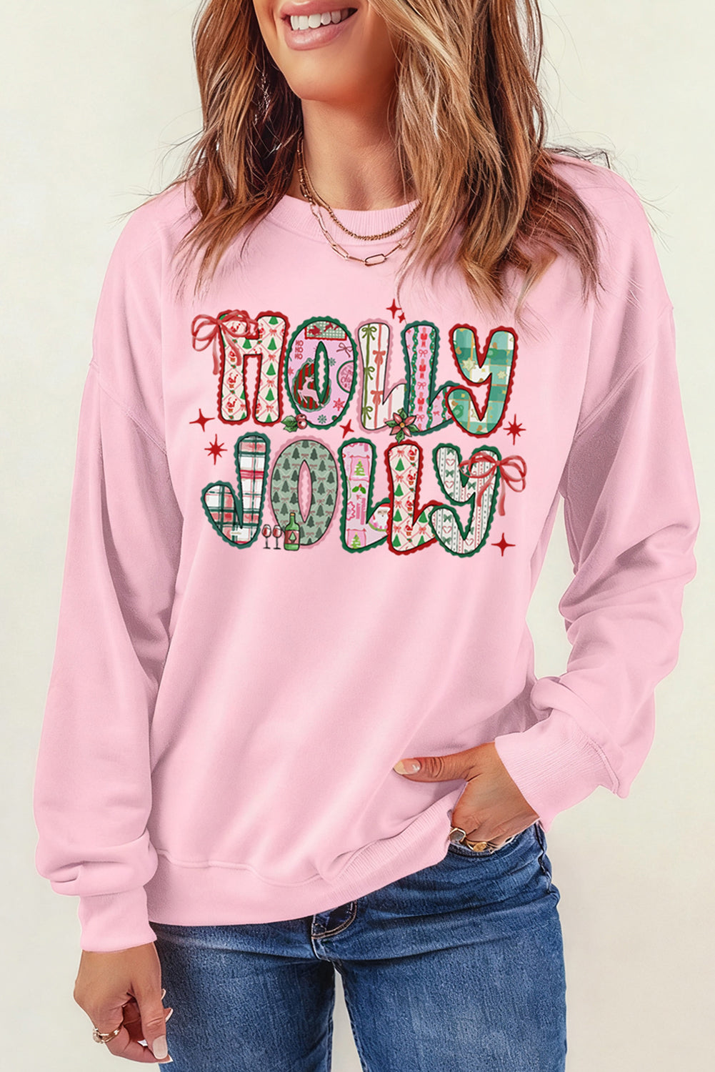 Pink HOLLY JOLLY Cute Holiday Graphic Sweatshirt