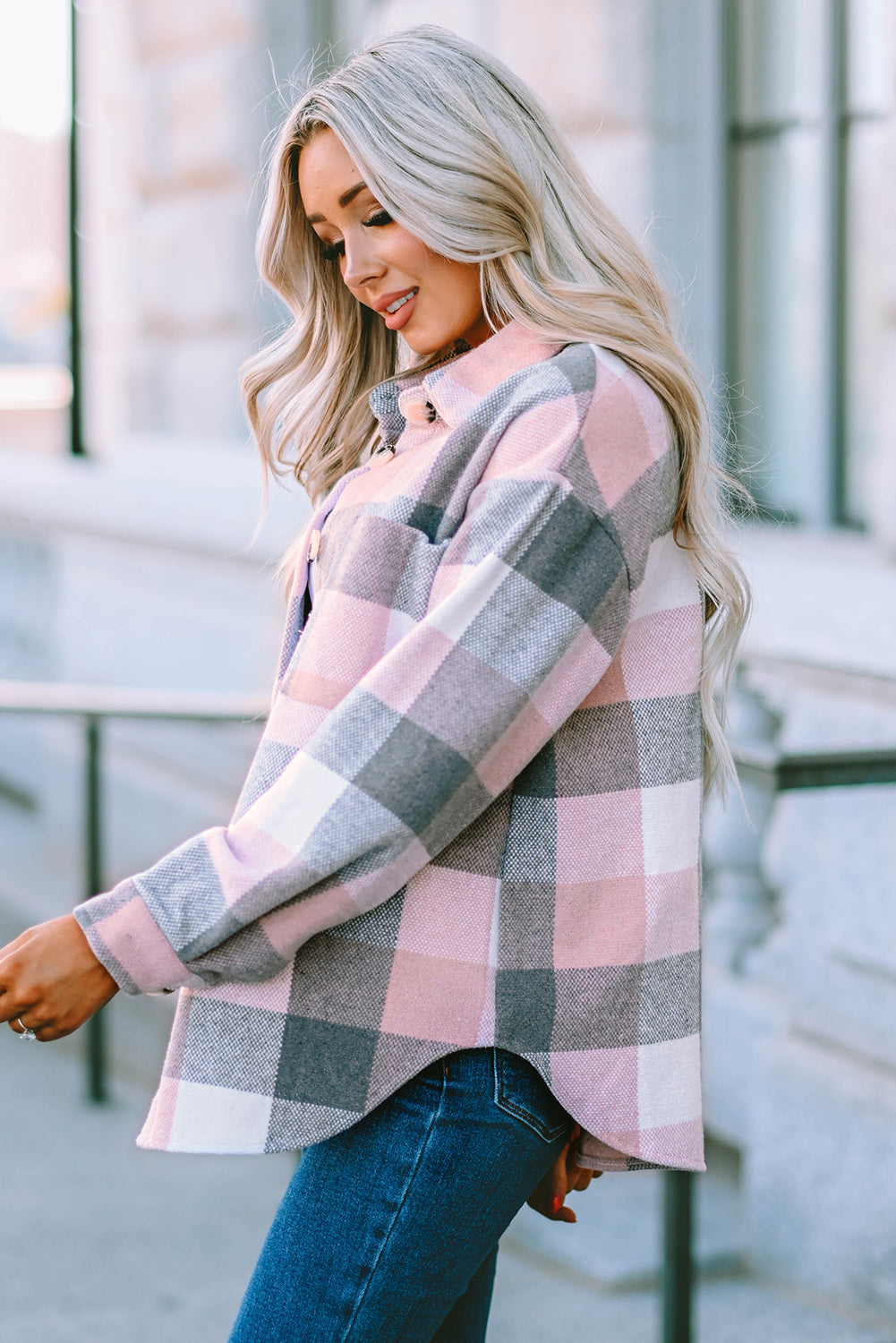 Pink Gray Plaid Color Block Buttoned Long Sleeve Jacket with Pocket