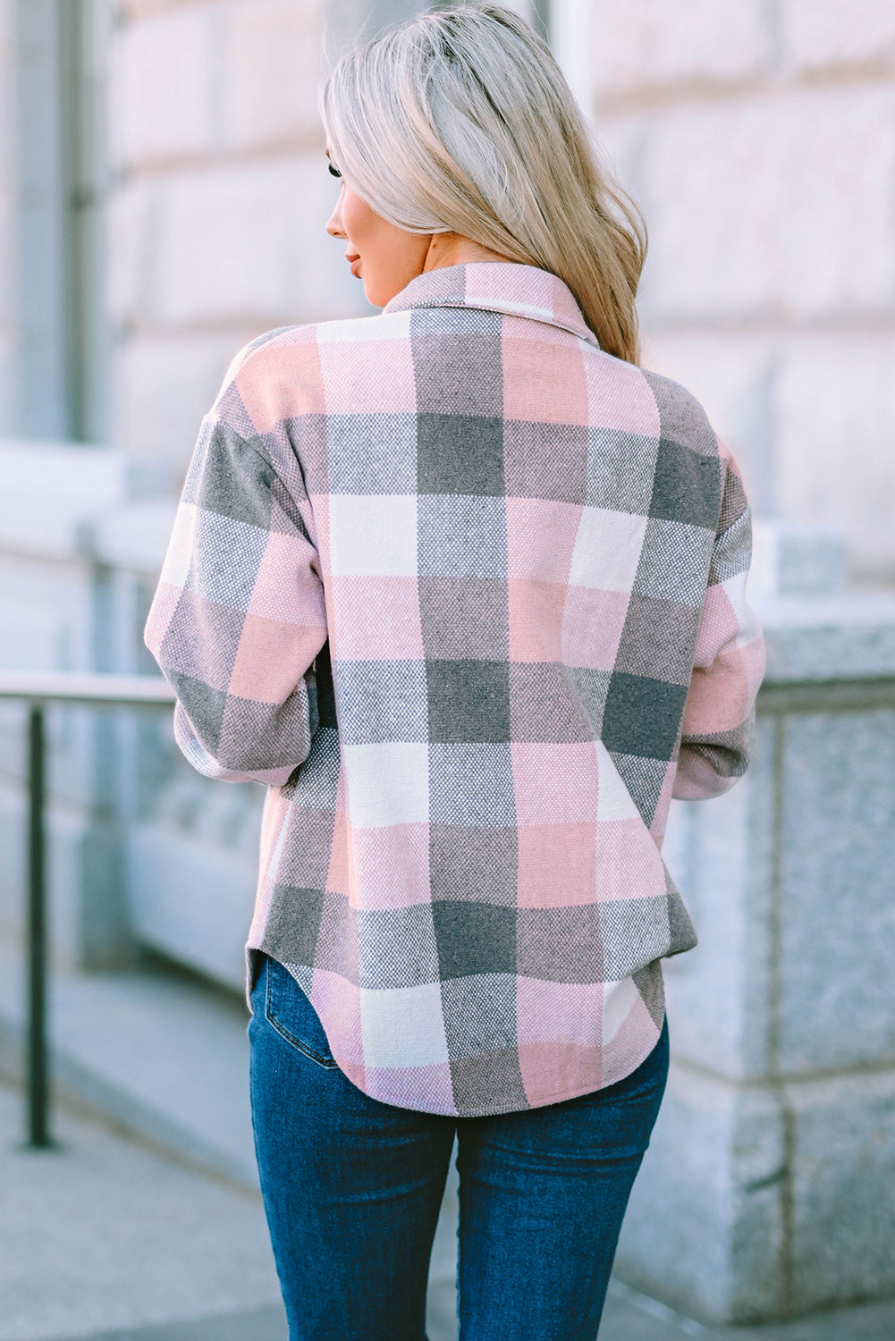 Pink Gray Plaid Color Block Buttoned Long Sleeve Jacket with Pocket