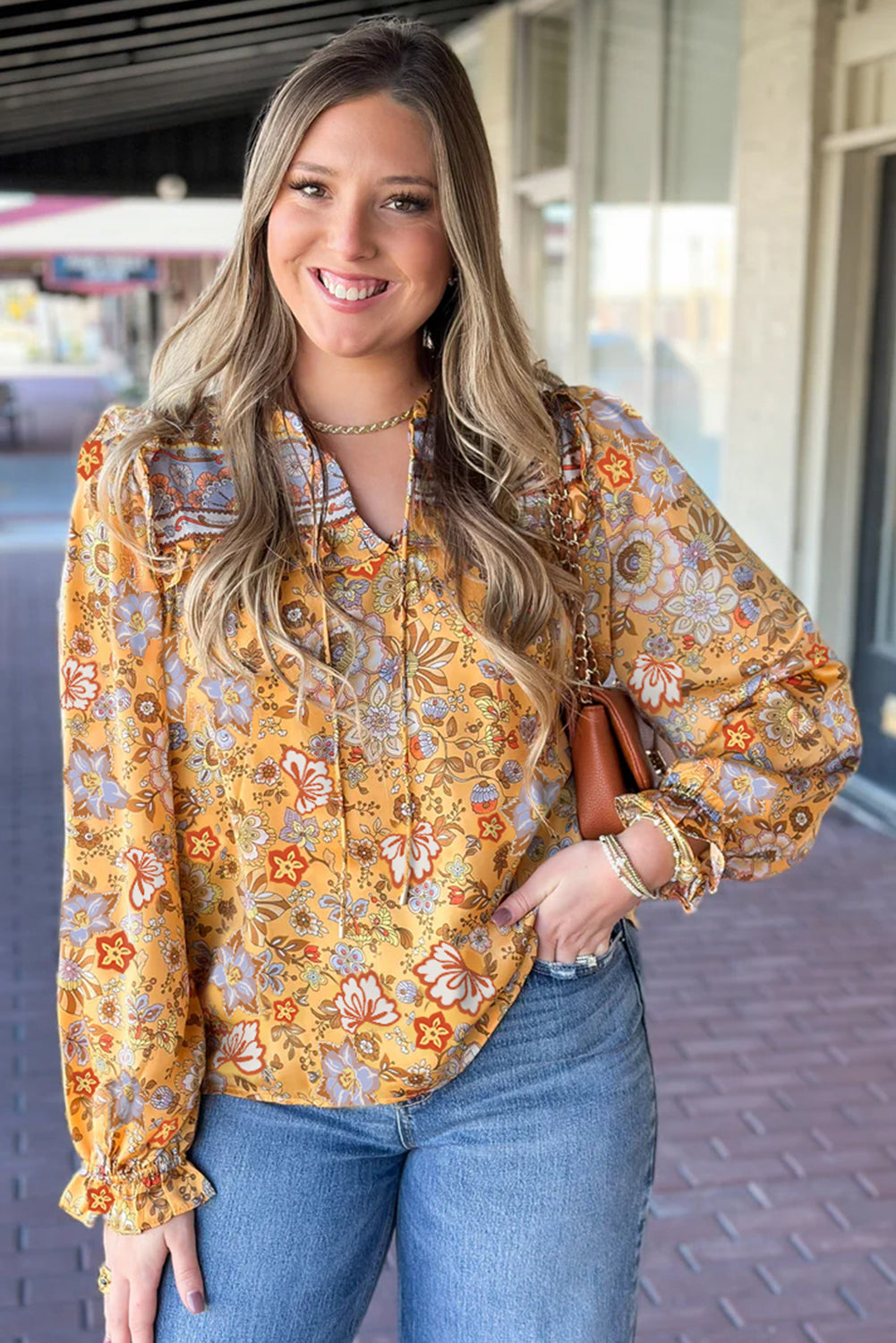 Yellow Floral Print Tie Notched Neck Long Sleeve Blouse