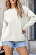 White Front Center Seam Drop Shoulder Pullover Solid Sweater