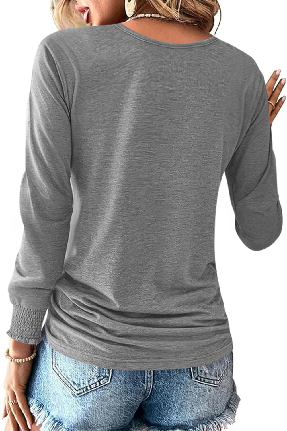 Gray U Neck Smocked Cuffs Side Drawstring Henley Top