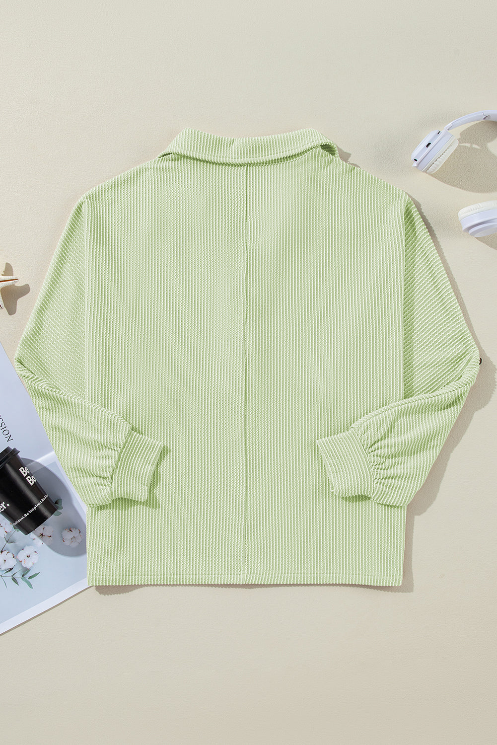 Clearly Aqua Oversized Twist Ribbed Collared Henley Top with Roll up Sleeve