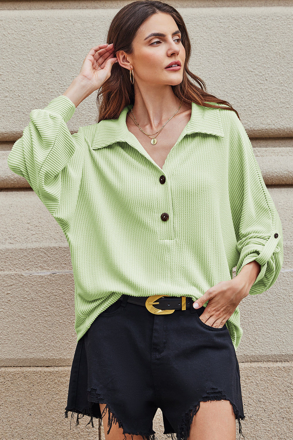 Clearly Aqua Oversized Twist Ribbed Collared Henley Top with Roll up Sleeve