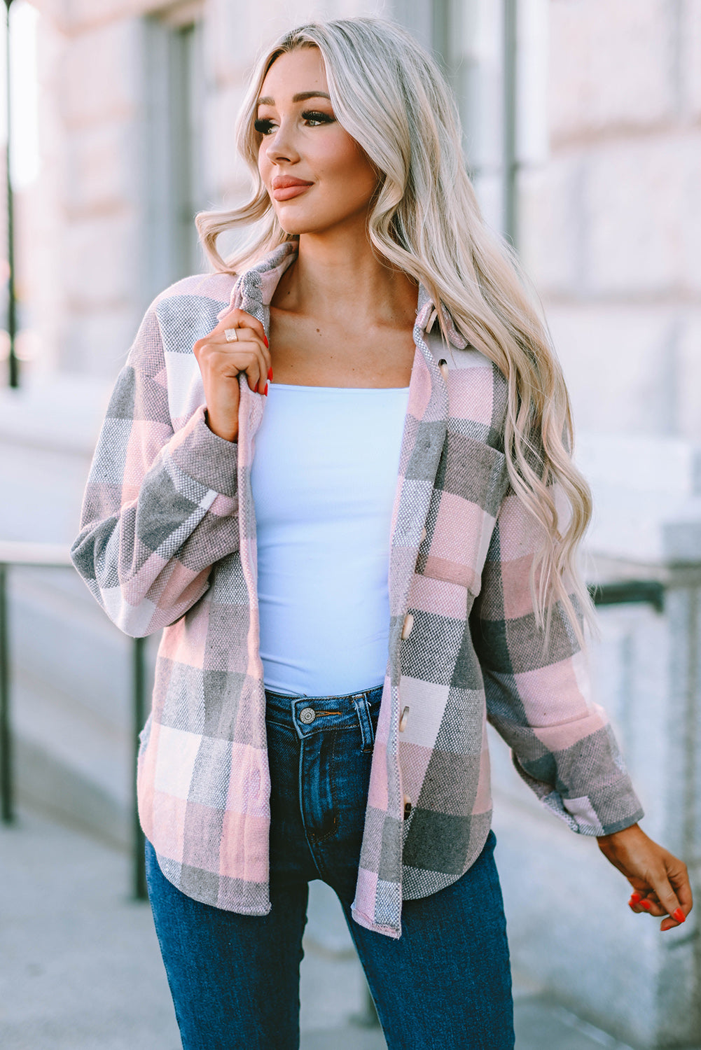 Pink Gray Plaid Color Block Buttoned Long Sleeve Jacket with Pocket