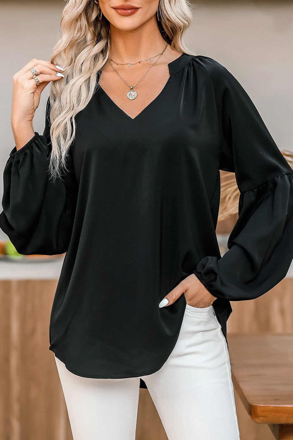 Black Fiery V Neck Long Puff Sleeve Top