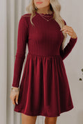 Red Dahlia Frilled Neck Ribbed Knit Patchwork Long Sleeve Mini Dress