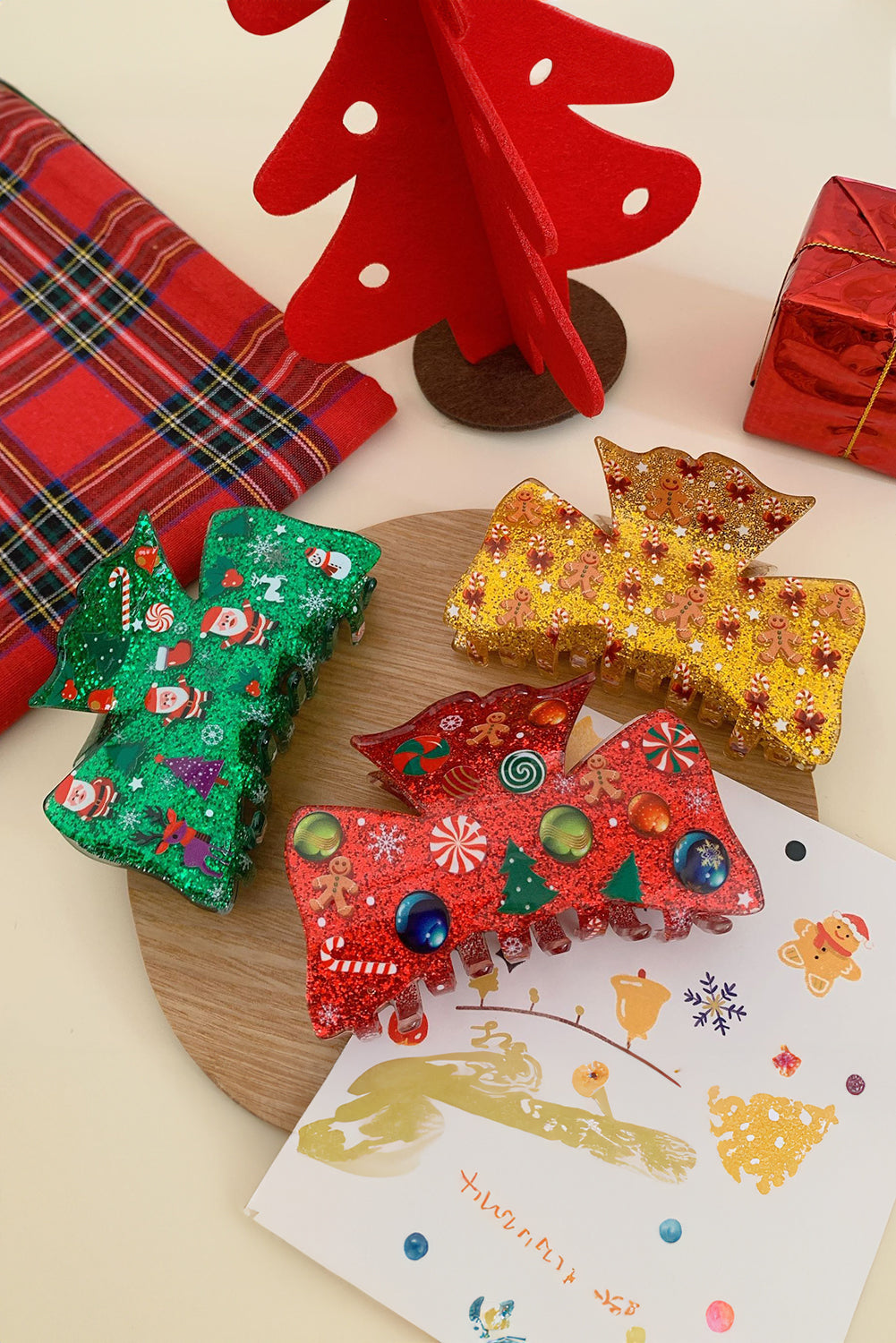 Dark Green Christmas Theme Printed Glister Hair Claw Clip