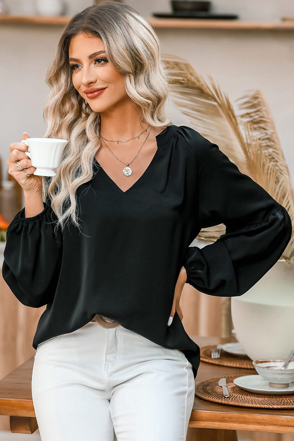 Black Fiery V Neck Long Puff Sleeve Top