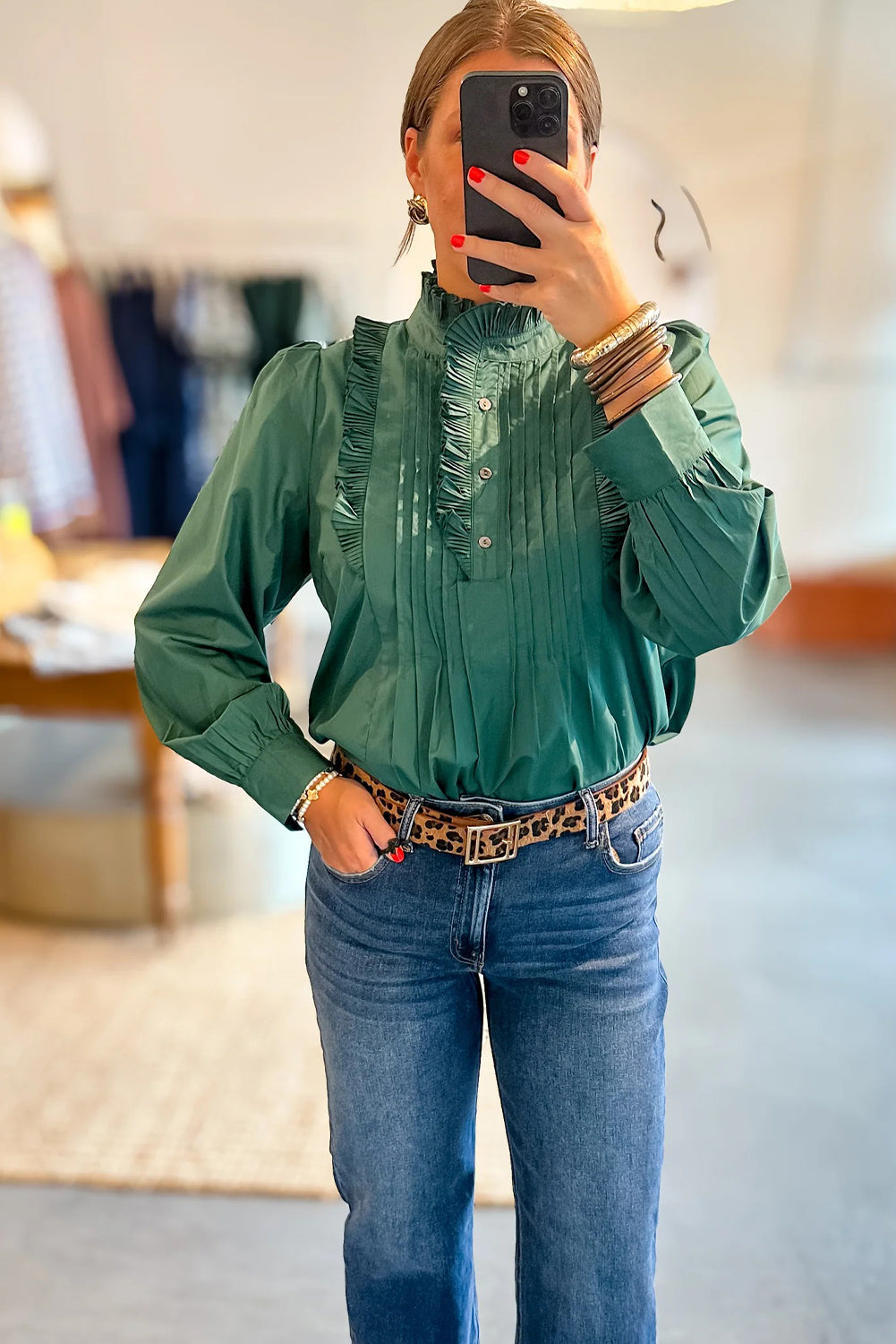 Evergreen Frilled Neckline Pintucked Half Placket Cuffed Blouse Top