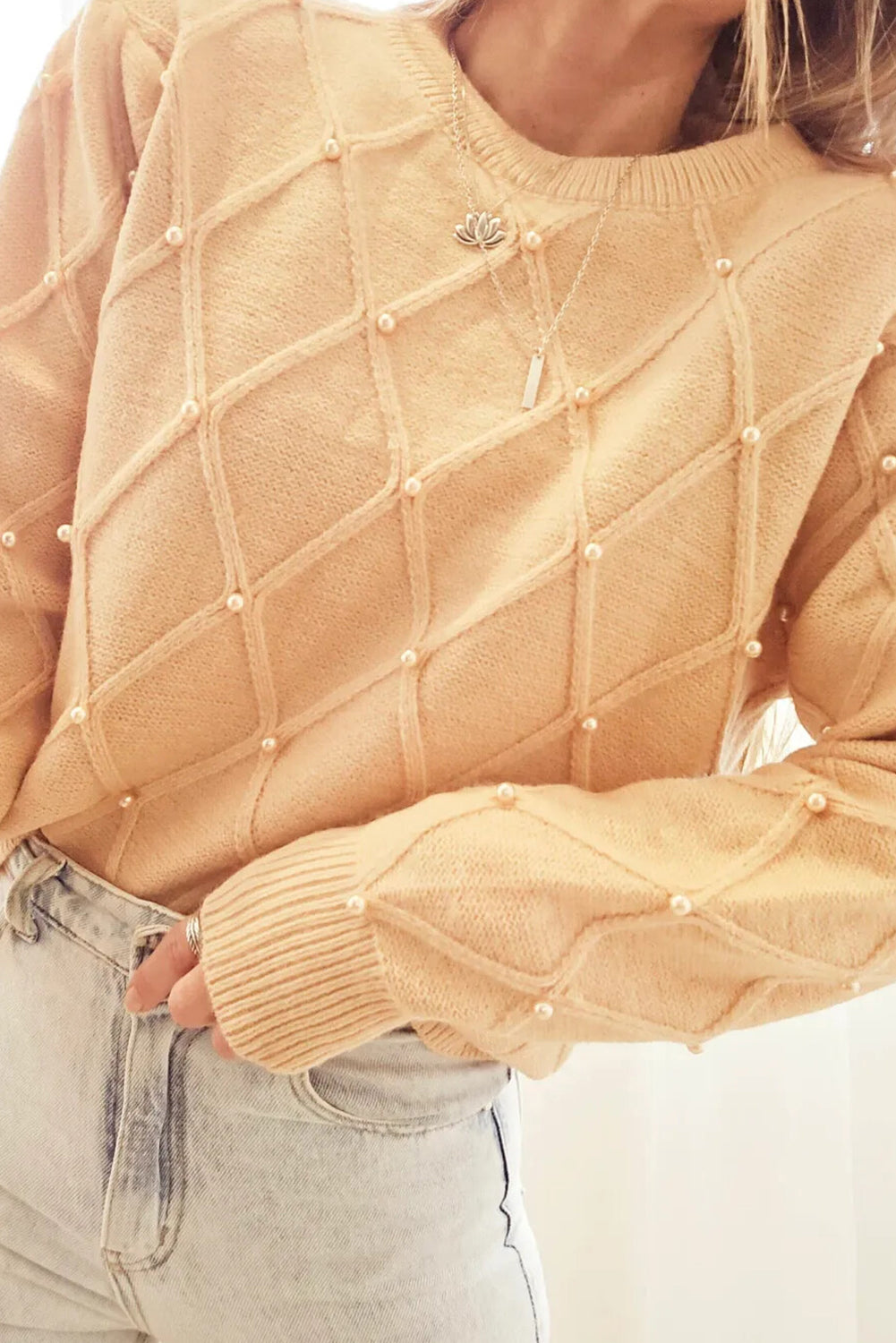 Banana Cream Pearl Embellished Rhombus Knit Casual Sweater