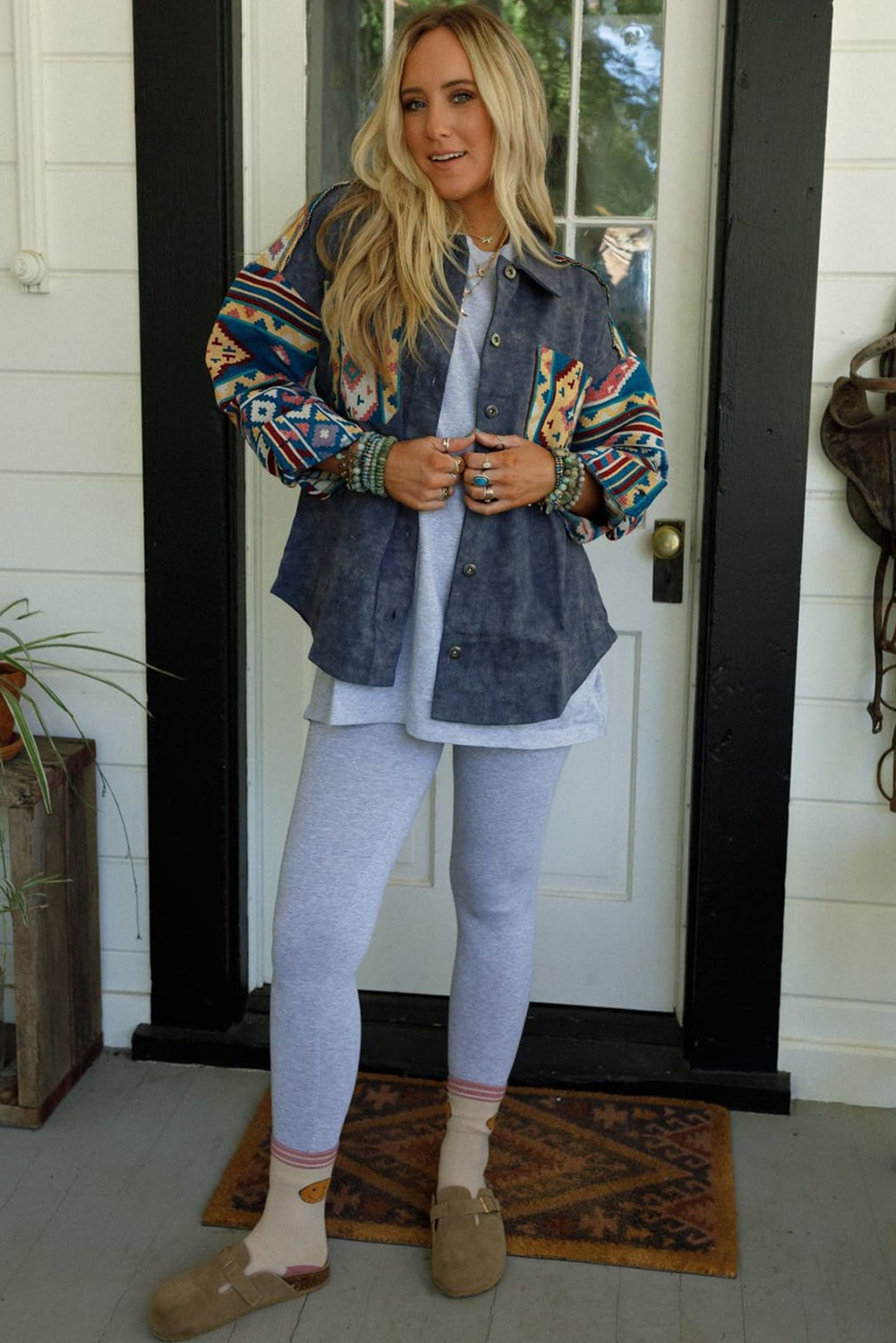 Dirty blue Aztec Print Patchwork Button Down Corduroy Shacket