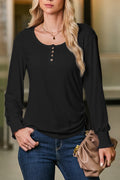 Black U Neck Smocked Cuffs Side Drawstring Henley Top